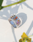 Silver 925 Wide Band Ring with Multi Color Square Gemstones