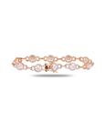 18K rose gold diamond bracelet with circular halo links and round brilliant-cut diamonds, open box clasp visible, laid flat on white background