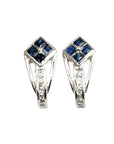 Silver Earrings with Diamonds and Princess cut Blue Sapphire