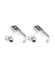 Diamonds row and princess cut blue sapphire set in silver ear studs