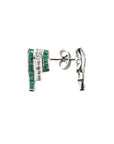 silver earrings with 3 ascending rows of emeralds and diaomnds