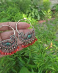 Peacock Turquoise and Coral Boho Sterling 925 Silver Earrings