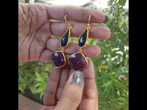 Drop Ruby and Sapphire 18k Gold Plated Silver Earrings