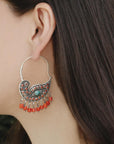 Peacock Turquoise and Coral Boho Sterling 925 Silver Earrings