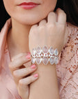 silver handcuff, sterling silver handcuff, rose quartz handcuff, garnet handcuff, pink handcuff, silver pink handcuff, leaf shaped handcuff, red handcuff