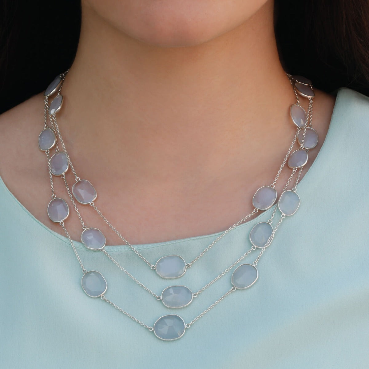 silver necklace, sterling silver necklace, chalcedony necklace, silver, silver blue necklace, blue necklace,