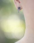 Silver Earrings with Diamonds and Princess cut Blue Sapphire
