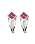 Silver Earrings with Diamond and Ruby Rhombus