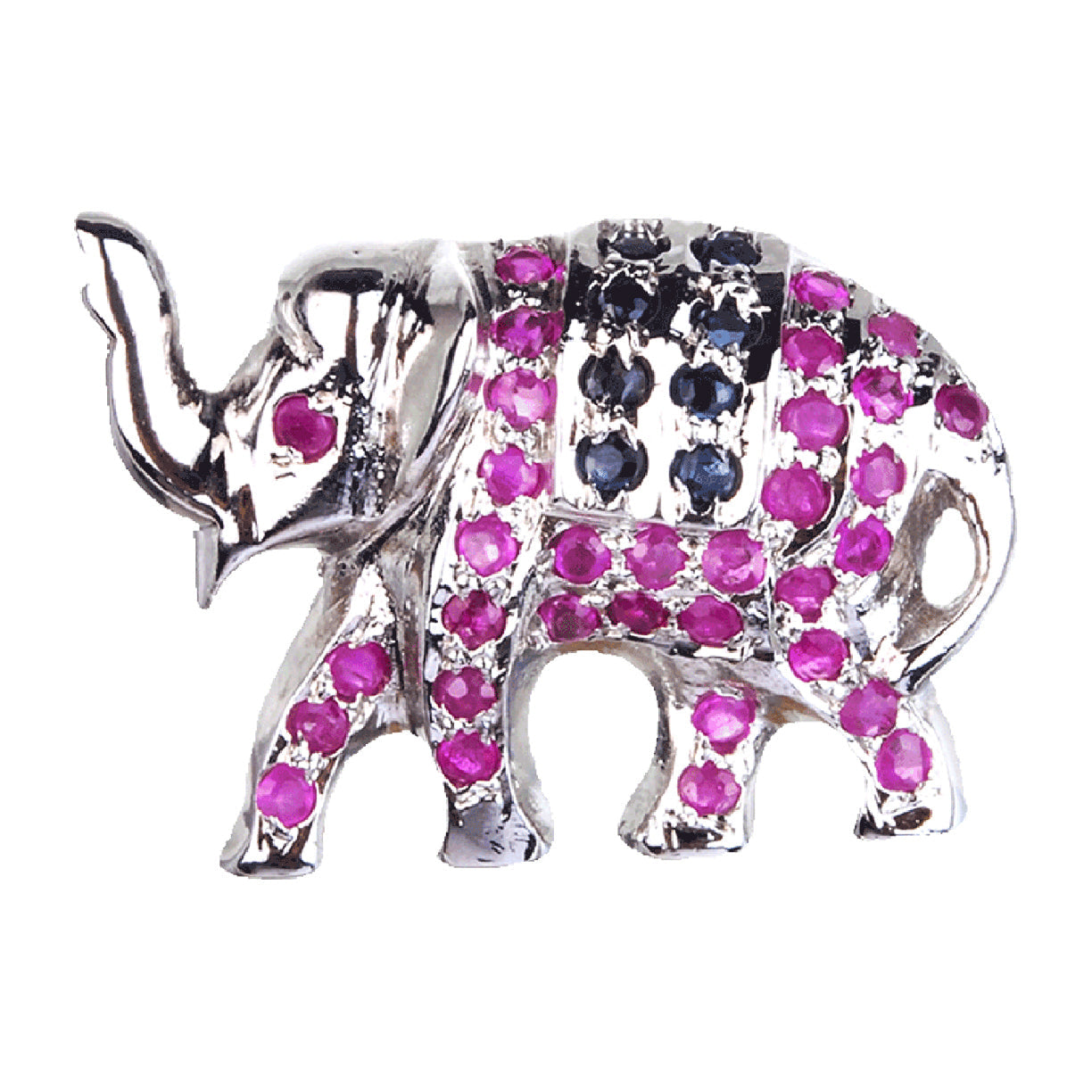 Silver Pendant/Brooch with Blue Sapphire and Ruby Elephant, long earrings, small earrings, hoops, drops, danglers, studs, stud earrings, Handcuff, Red onyx, Black onyx, Silver Necklaces, Buy jewellery online, Earrings, Rings, Bangles, Pendants, And Ankle