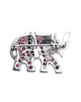 Pave set blue sapphires and rubies in elephant silver brooch