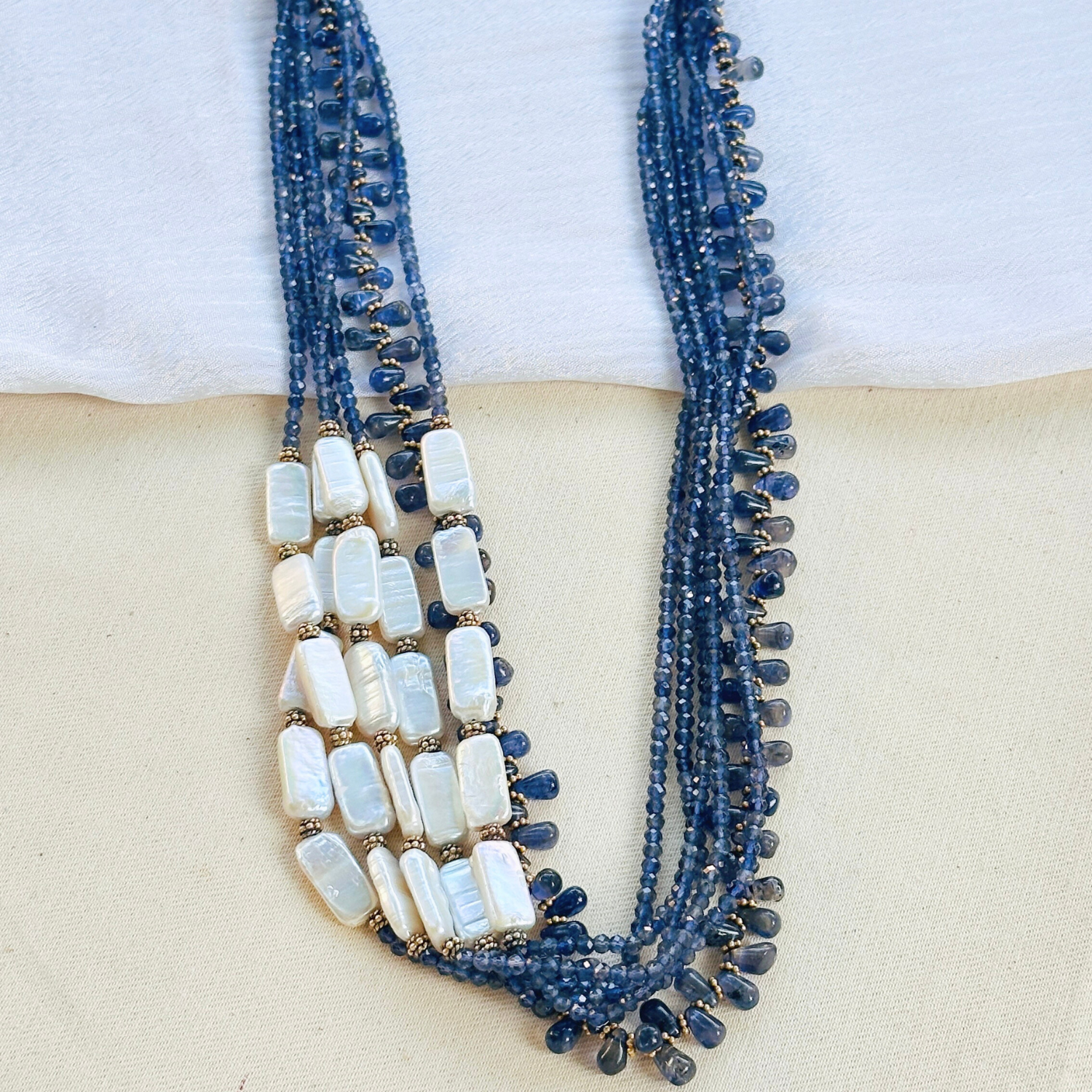 Iolite pearl necklace, Gold plated iolite pendant, 925 silver iolite necklace