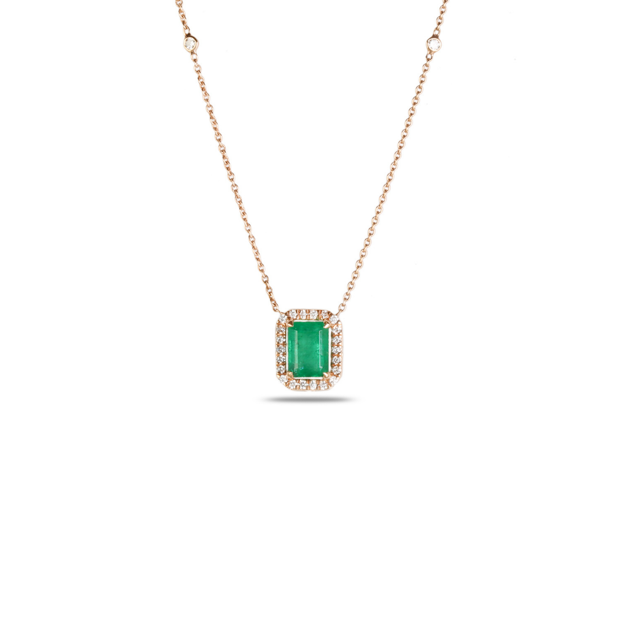 18K Rose Gold Emerald-Cut Emerald Diamond Halo Pendant Angled View