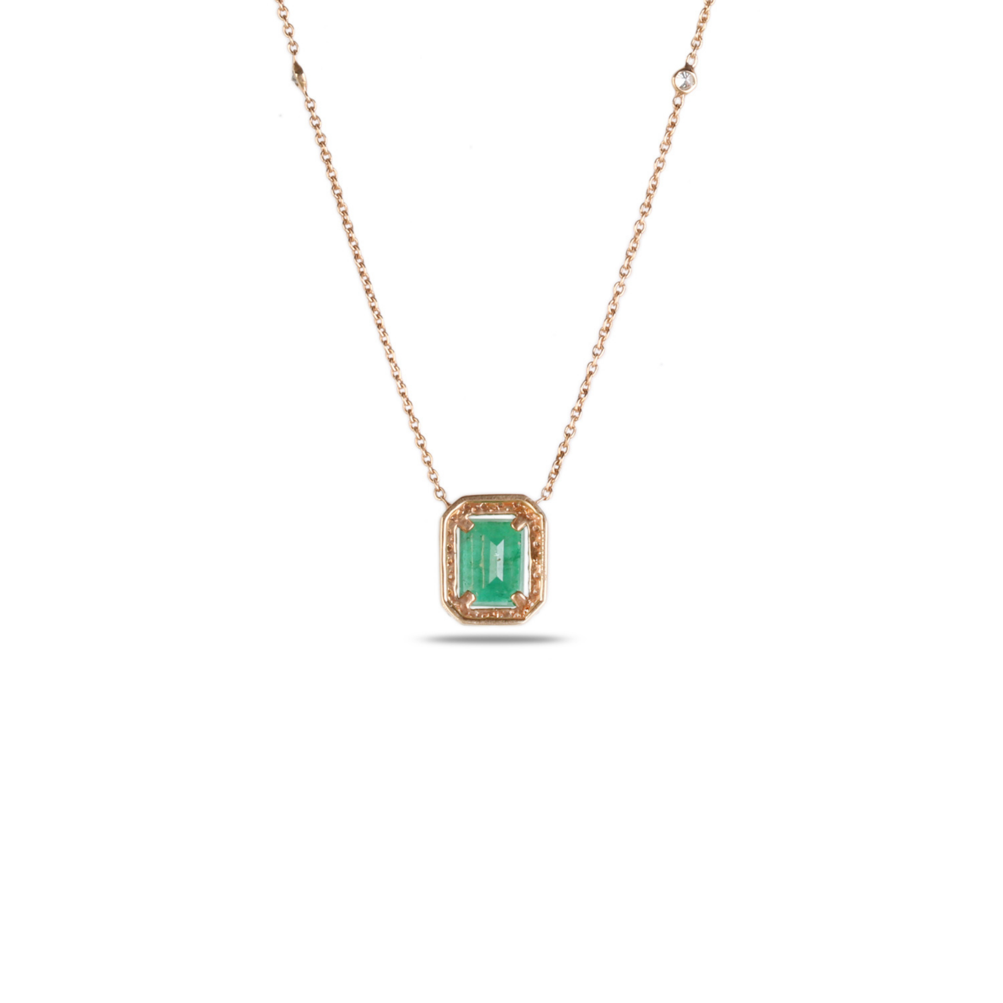 18K Rose Gold Emerald Diamond Halo Pendant with Diamond Station Chain
