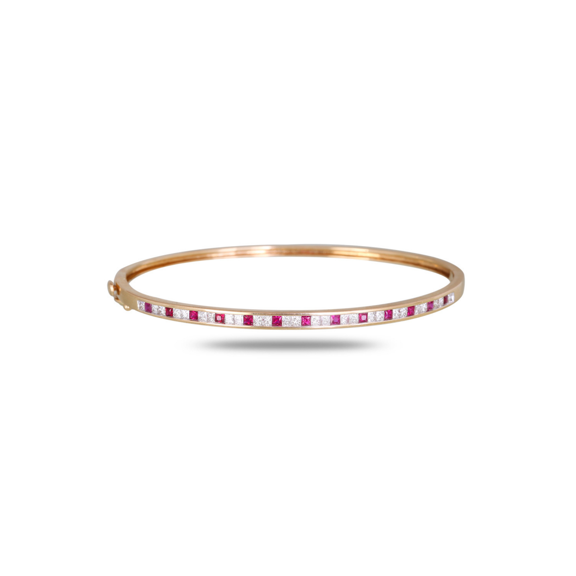 18K Rose Gold Ruby & Diamond Channel-Set Rigid Bangle Angled View