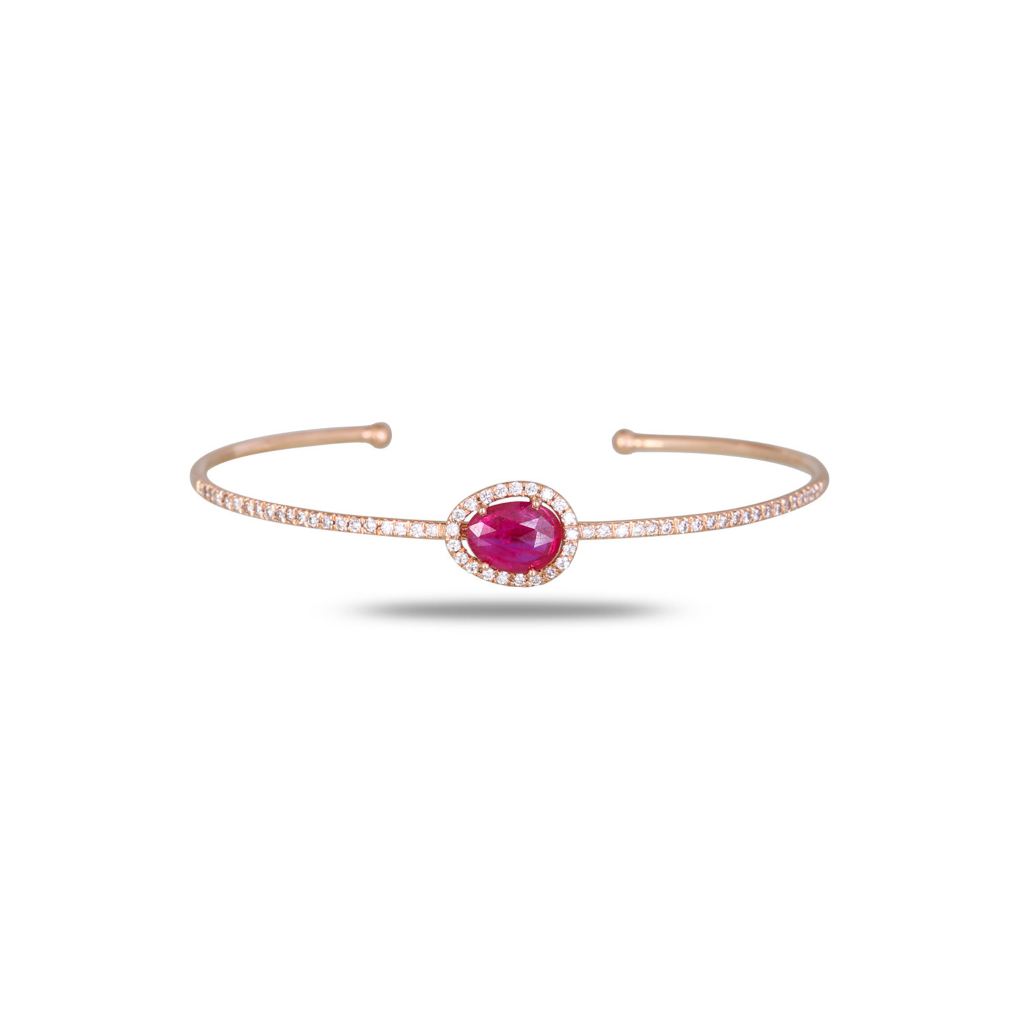 18K Rose Gold Ruby & Diamond Halo Open Cuff Bangle Front View