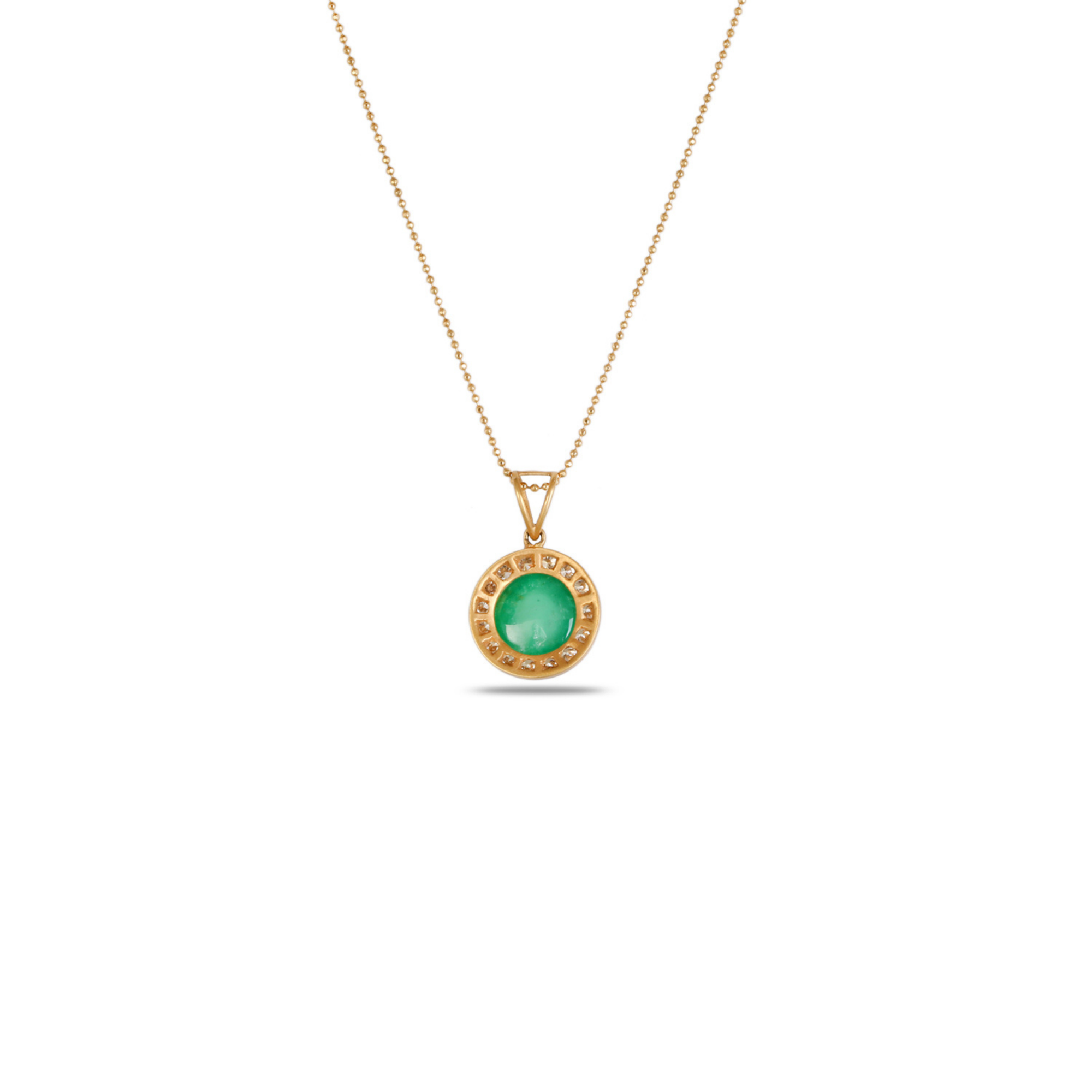18K Yellow Gold Emerald Cabochon Diamond Halo Pendant Necklace