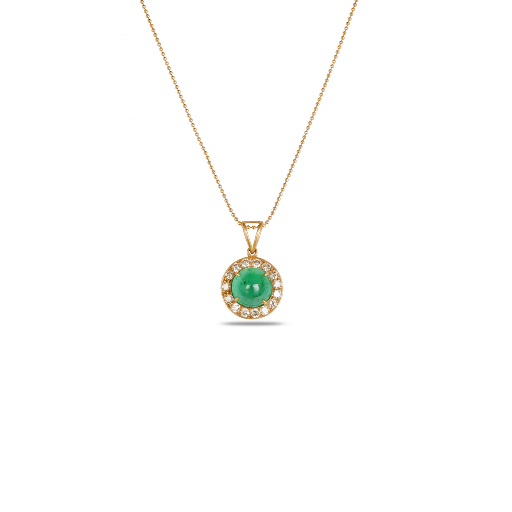 18K Yellow Gold Emerald Diamond Halo Pendant Necklace Faceted View