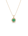 18K Yellow Gold Emerald Diamond Halo Pendant Necklace Faceted View