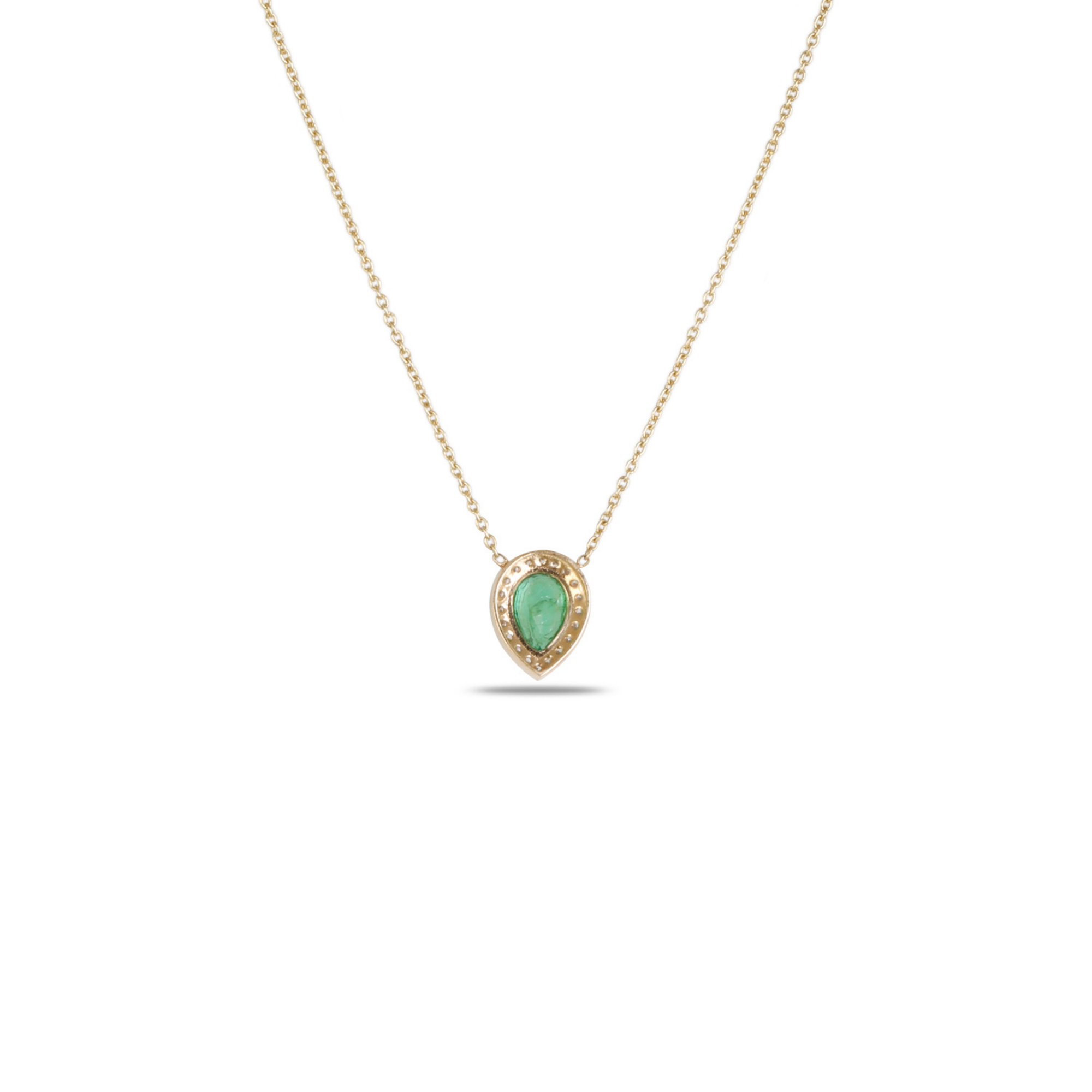 18K Yellow Gold Pear Emerald Diamond Halo Pendant Angled View