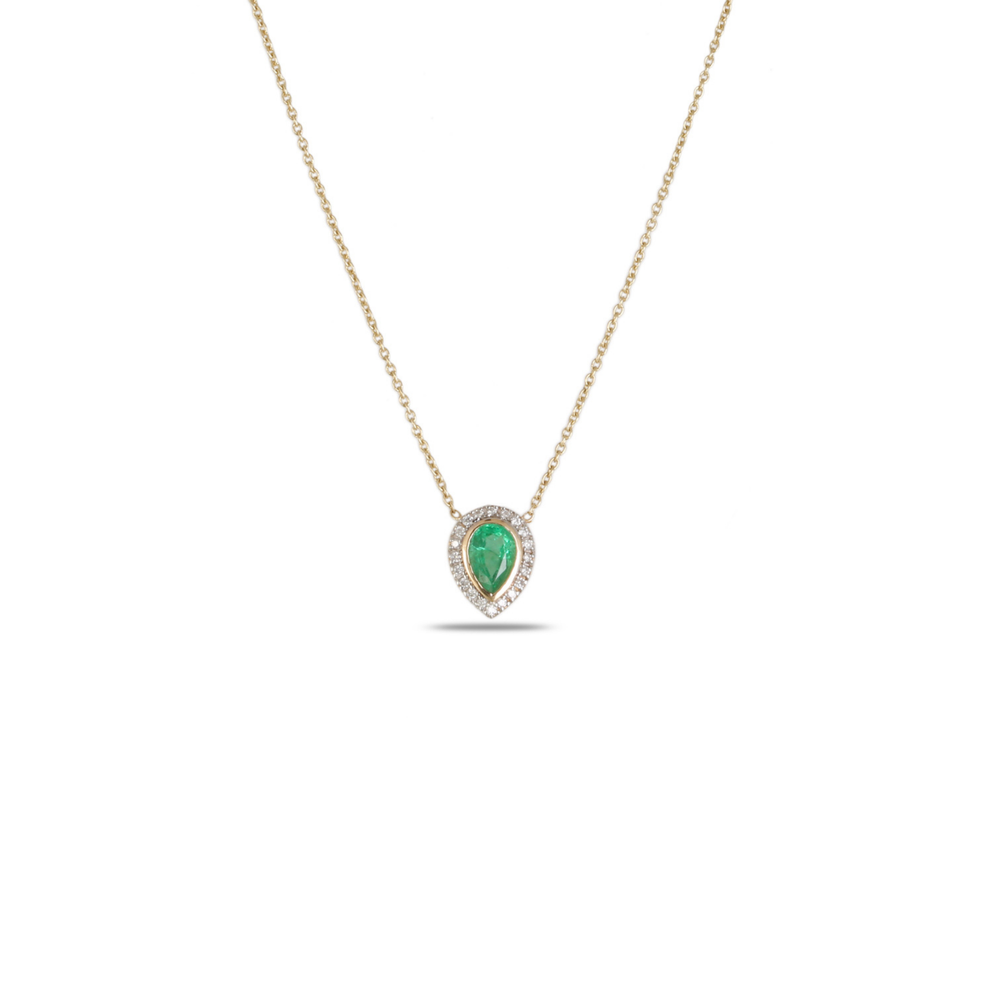 18K Yellow Gold Pear Emerald Pavé Diamond Halo Pendant Necklace