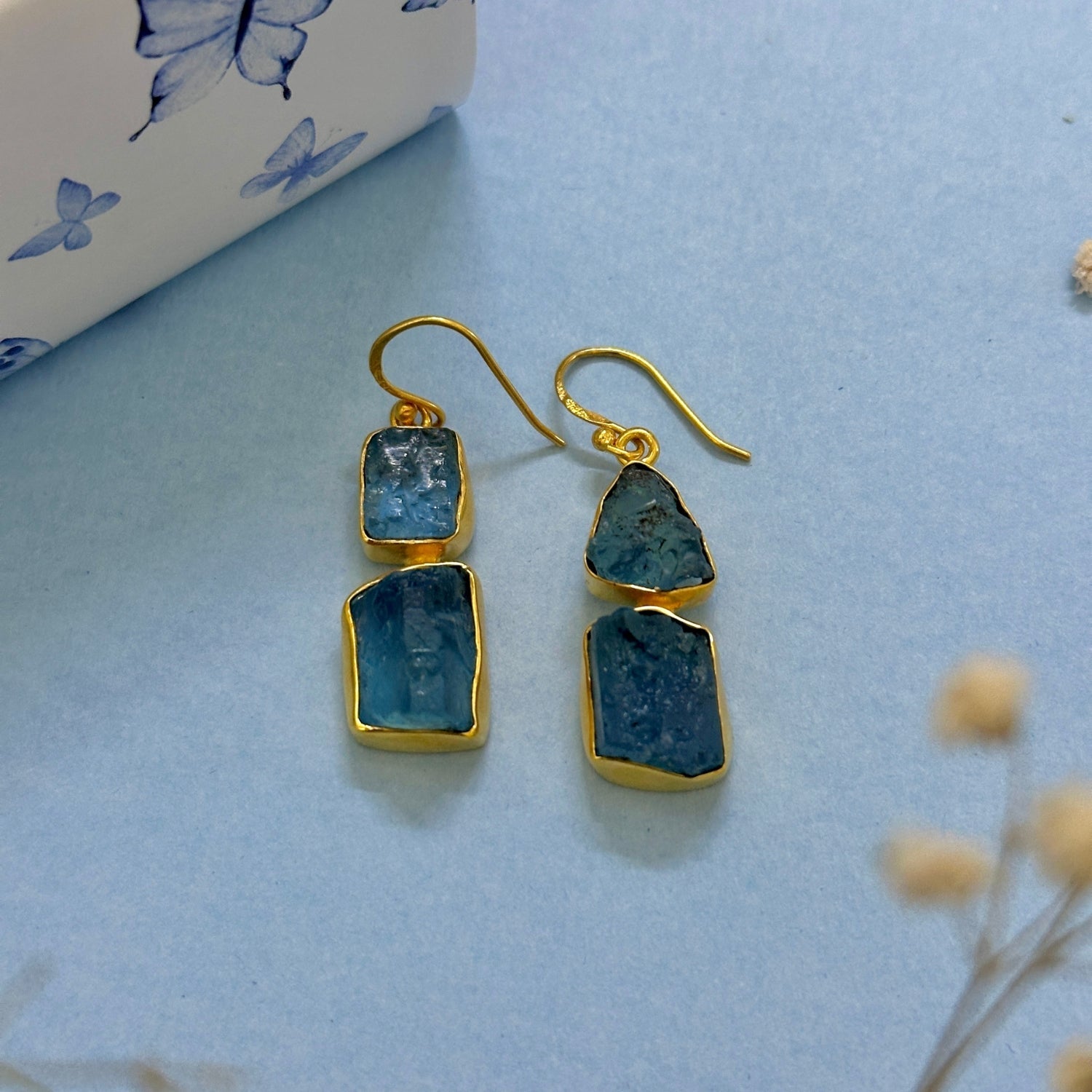 Aquamarine Earrings, Aquamarine 18K Gold Plated Silver Earrings