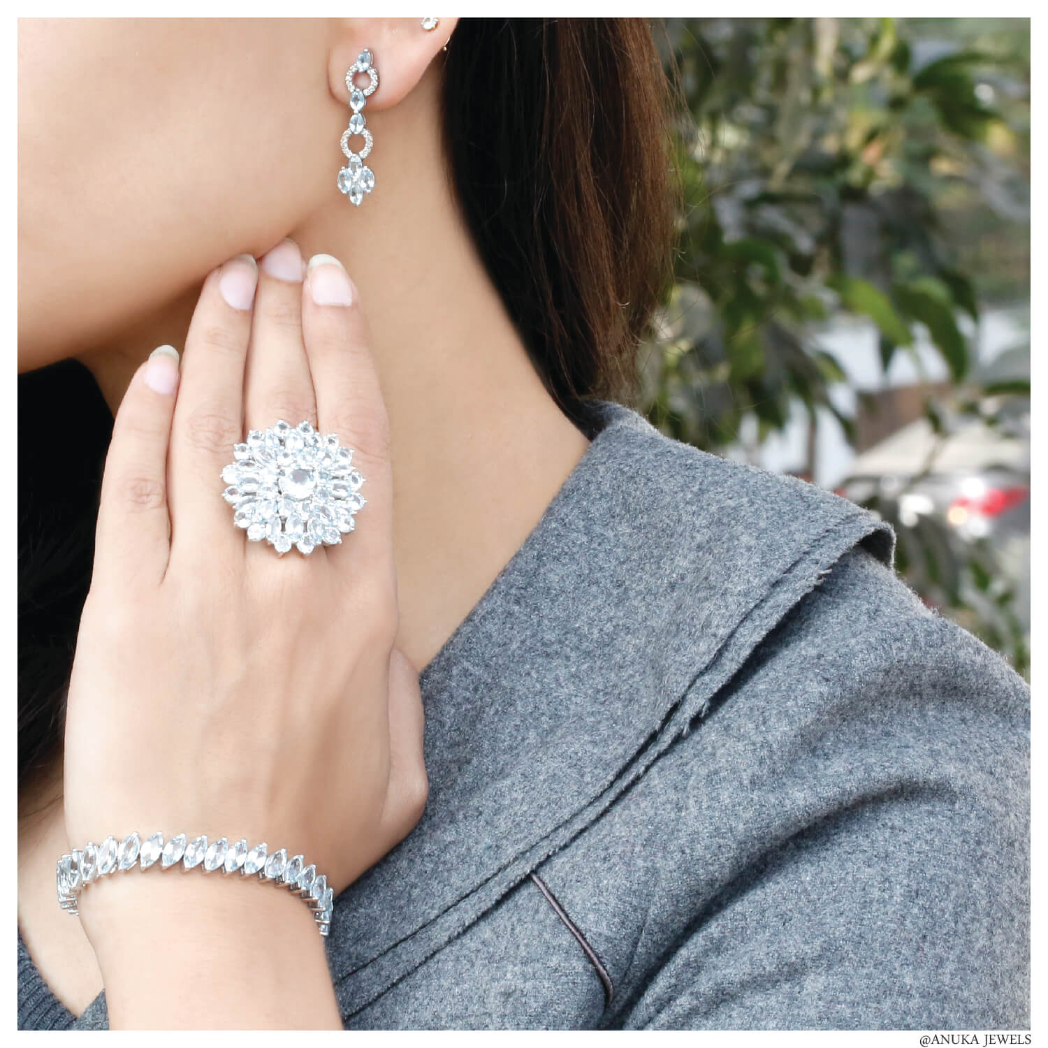 Marquise and round aquamarine flower shaped ring for women