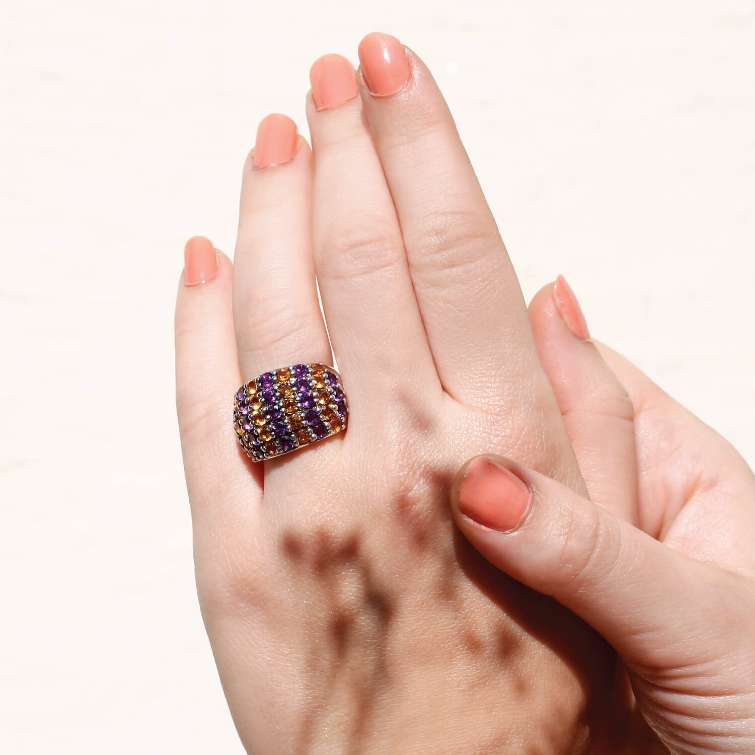 Citrine and amethyst wide band color stone ring gold plated