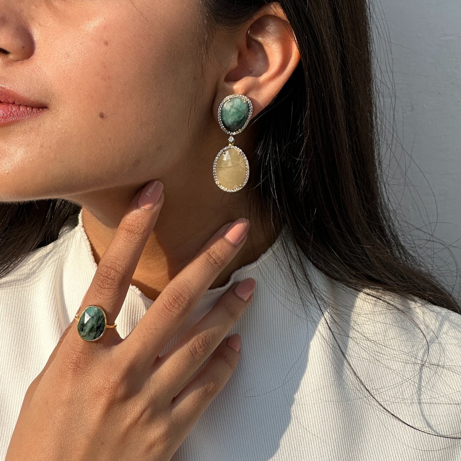 Gemstone Emerald and Sapphire 18k Gold Plated Silver Earrings