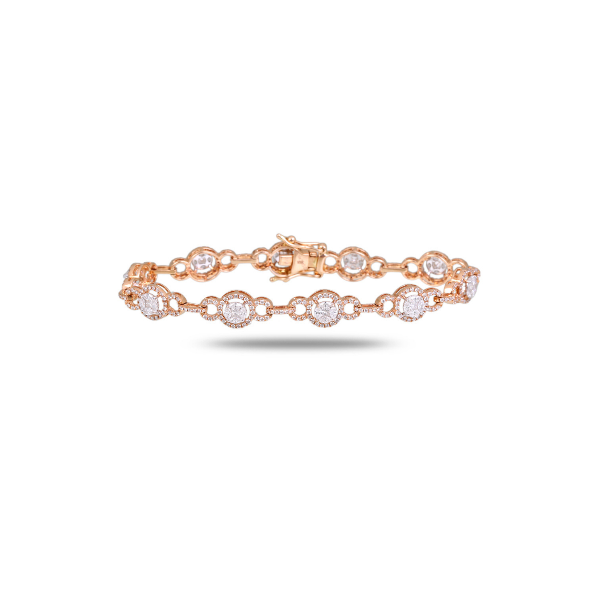Rose gold diamond halo tennis bracelet with round brilliant diamond clusters in pavé bezel settings, showing front and inside views with box clasp closure