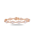 Rose gold diamond halo tennis bracelet with round brilliant diamond clusters in pavé bezel settings, showing front and inside views with box clasp closure