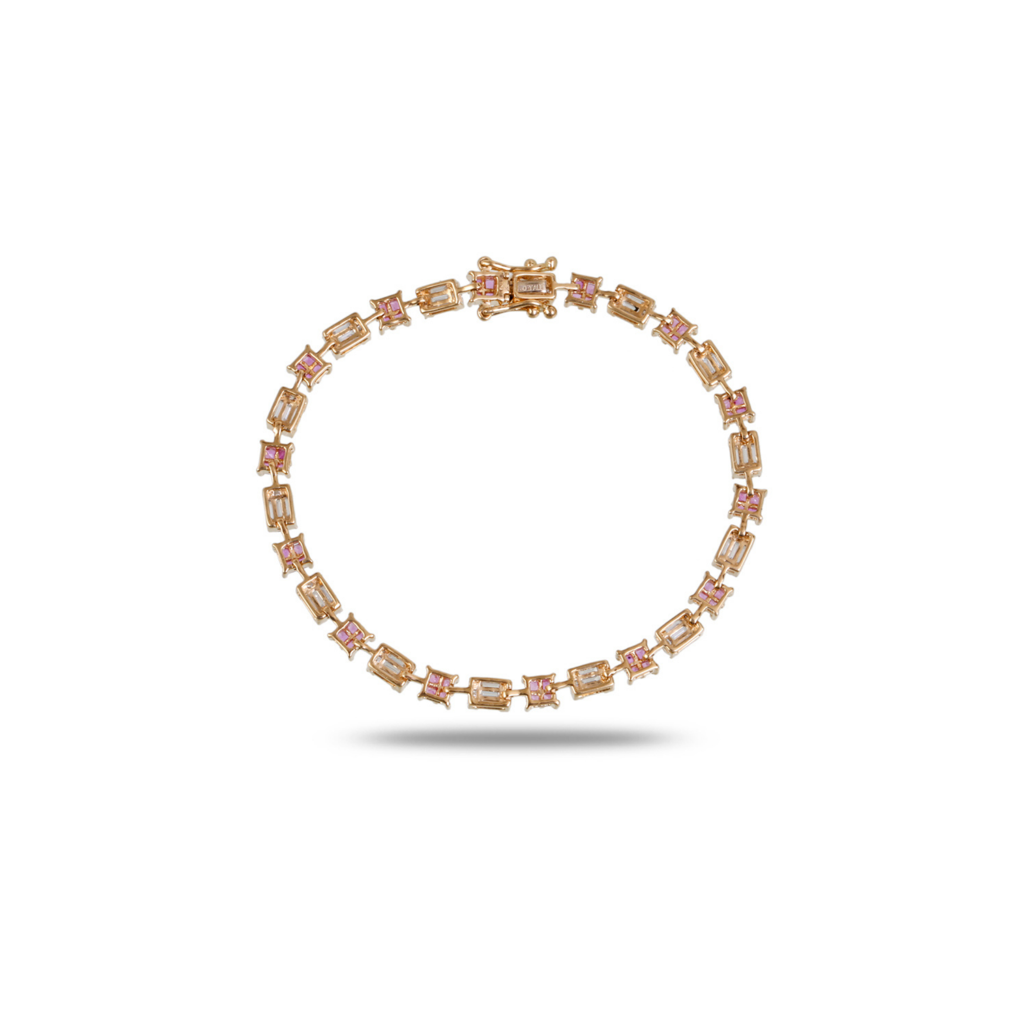 18K rose gold tennis bracelet with alternating round pink sapphires and emerald-cut white diamonds in prong settings, full circular display with box clasp, white background