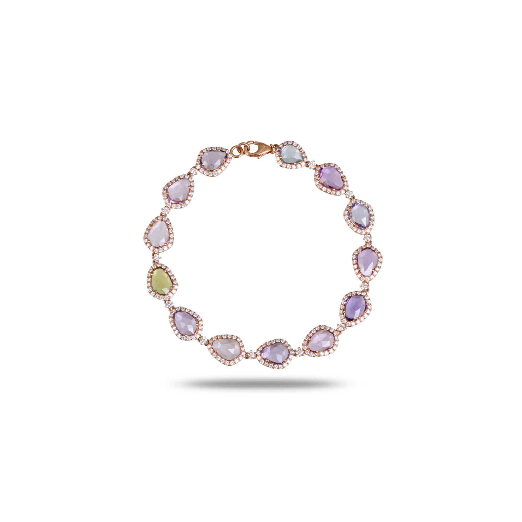 Rose gold multi gemstone bracelet with free-form amethyst, lavender, peridot and blue topaz stones in milgrain bezel settings, circular display on white background.

