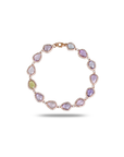 Rose gold multi gemstone bracelet with free-form amethyst, lavender, peridot and blue topaz stones in milgrain bezel settings, circular display on white background.

