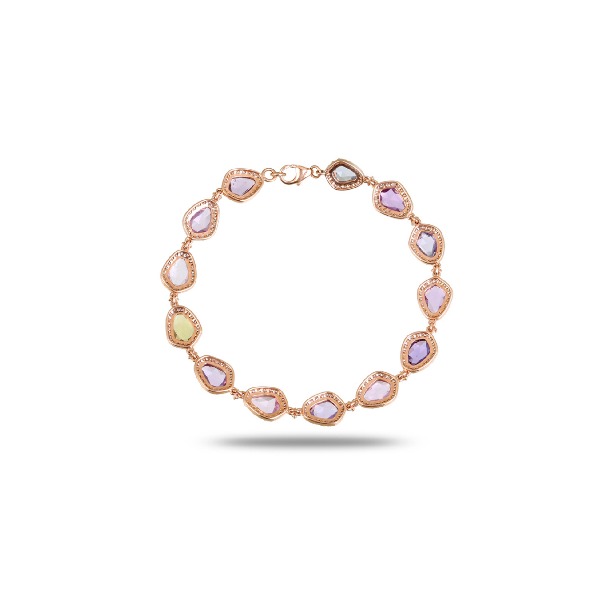 18K rose gold bracelet featuring organically shaped multi-colour gemstones surrounded by pavé diamond halos, shown in full circle with lobster clasp, white background