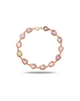 18K rose gold bracelet featuring organically shaped multi-colour gemstones surrounded by pavé diamond halos, shown in full circle with lobster clasp, white background