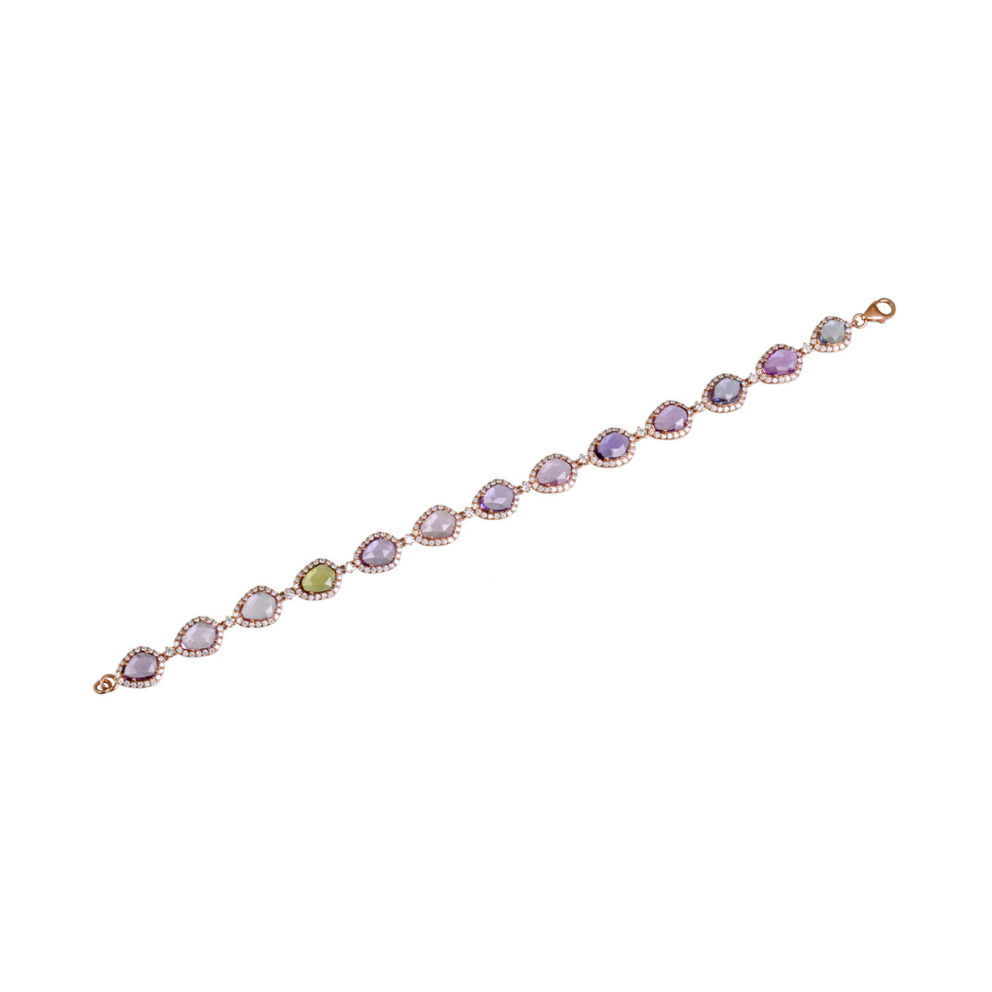 Rose gold multi gemstone diamond halo bracelet laid flat showing full length, amethyst peridot and blue topaz free-form stones with pavé diamond surrounds, lobster clasp detail