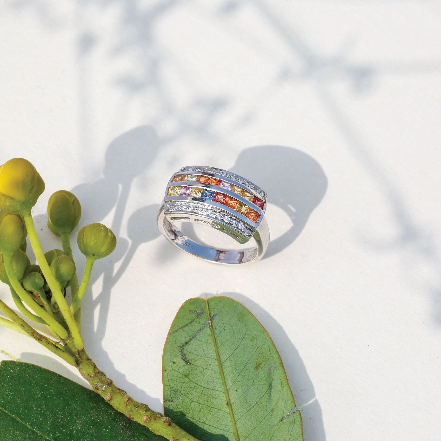 Four stack multi gemstone ring design