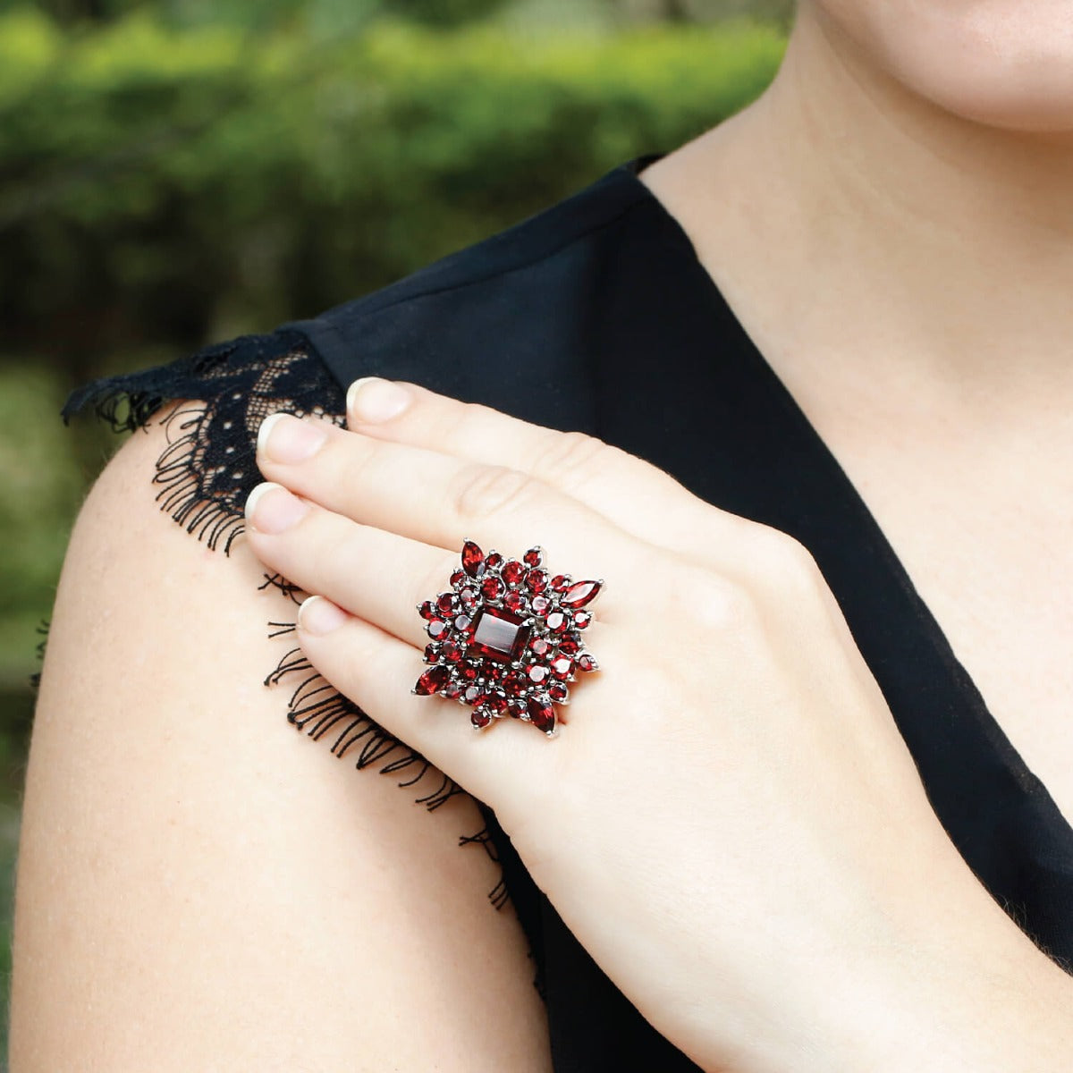 Flower Shaped Garnet Ring for Women Sterling Silver