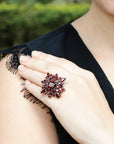 Flower Shaped Garnet Ring for Women Sterling Silver