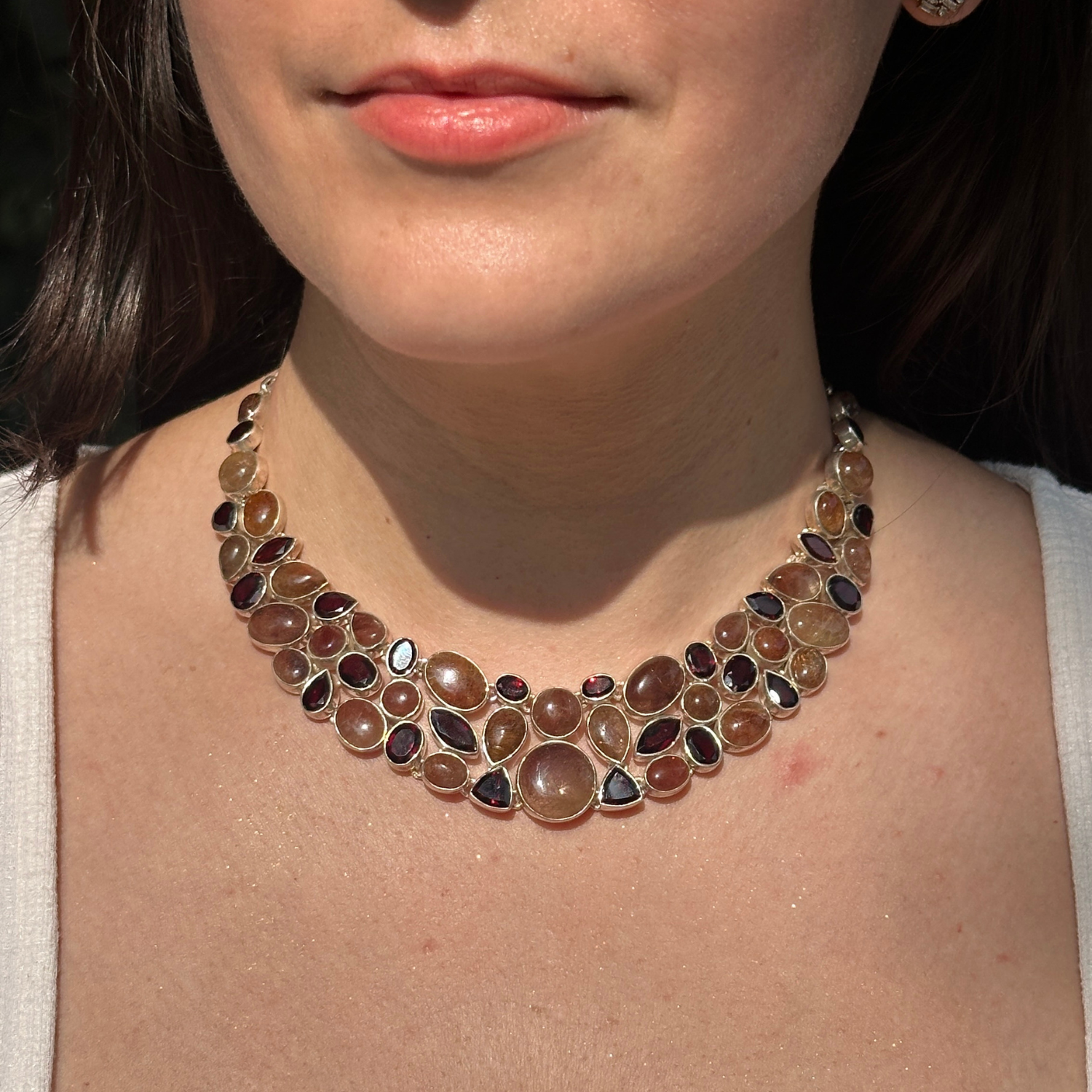 Garnet rutile gemstone necklace sterling silver
