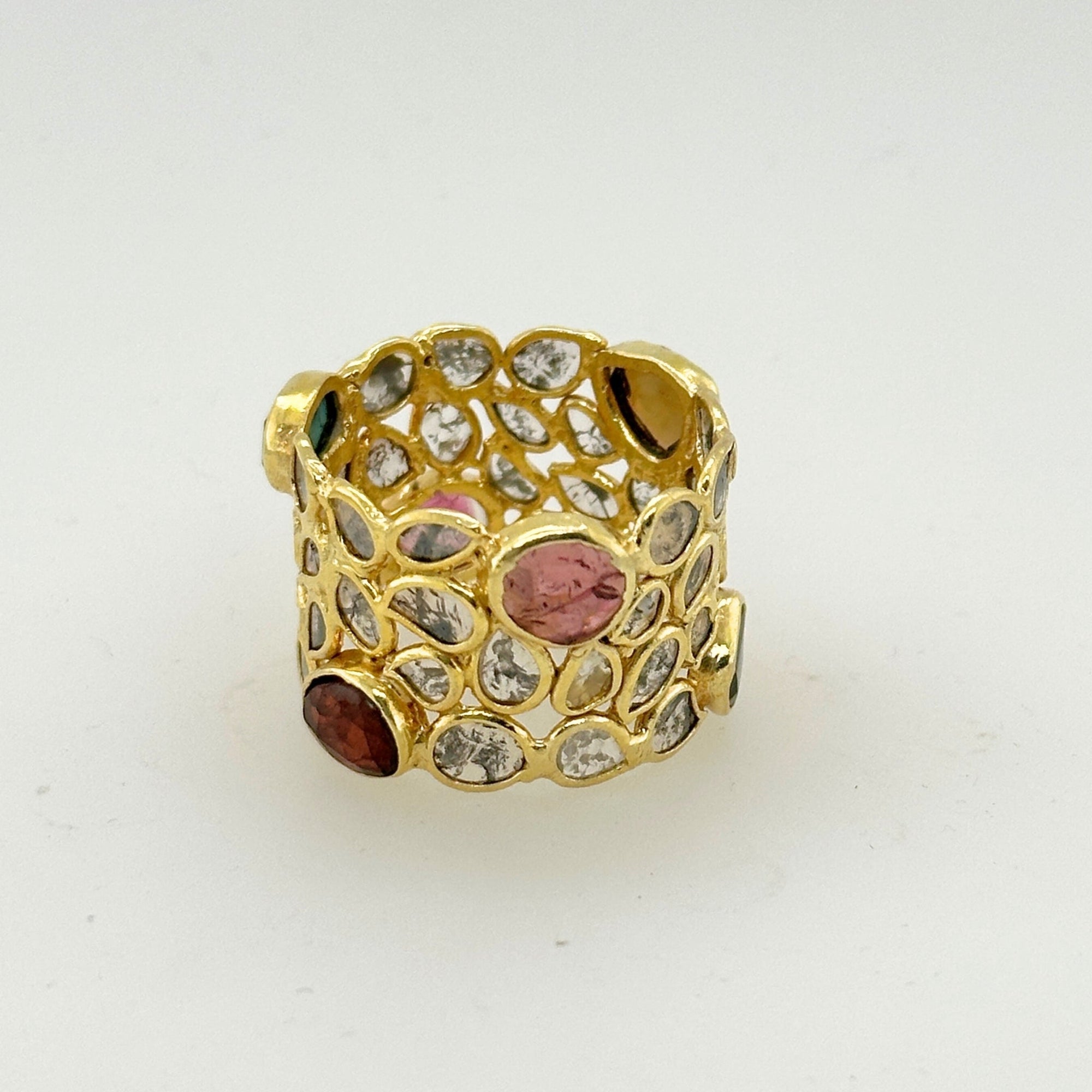 Multi Tourmaline Gemstone Ring with Diamond Accents Gold Plated