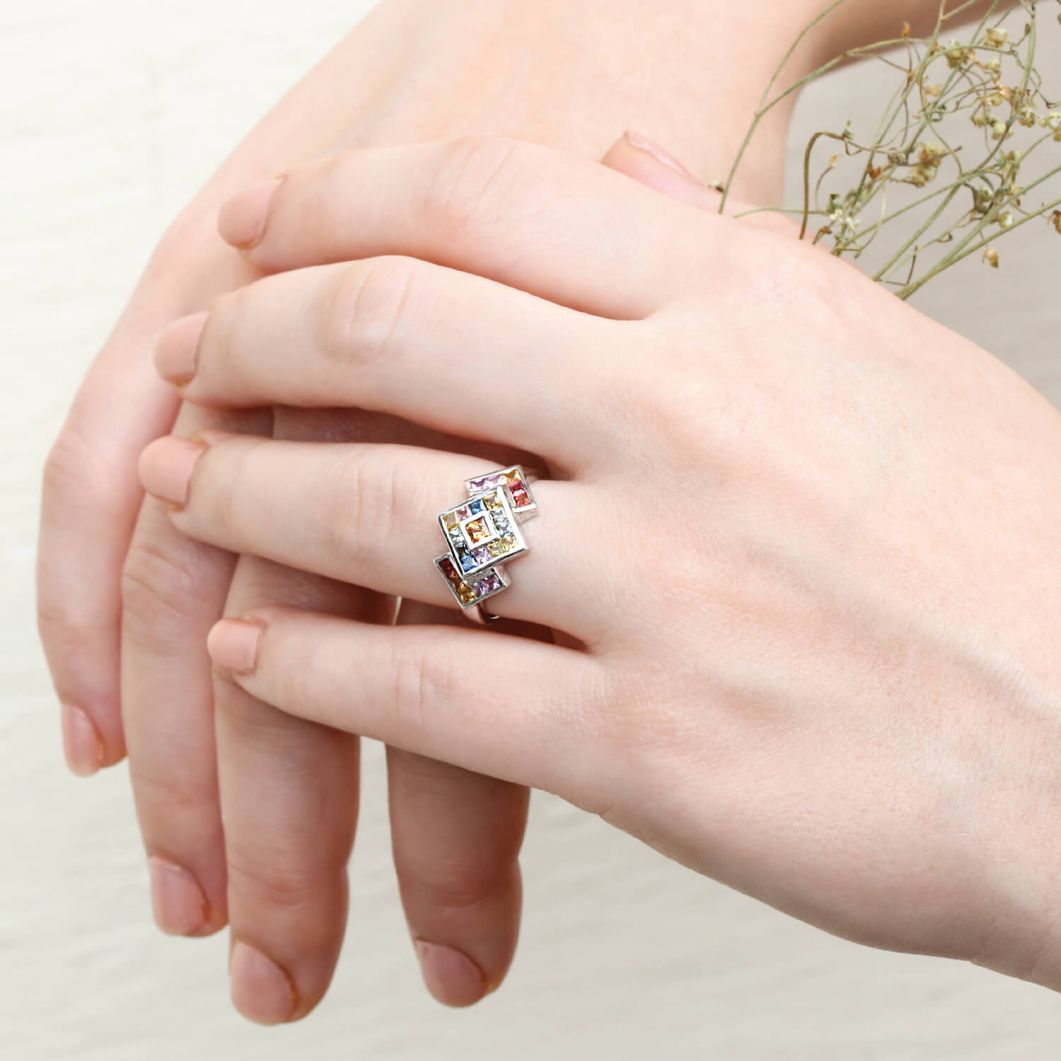 Multi color geometric gemstone sterling silver ring