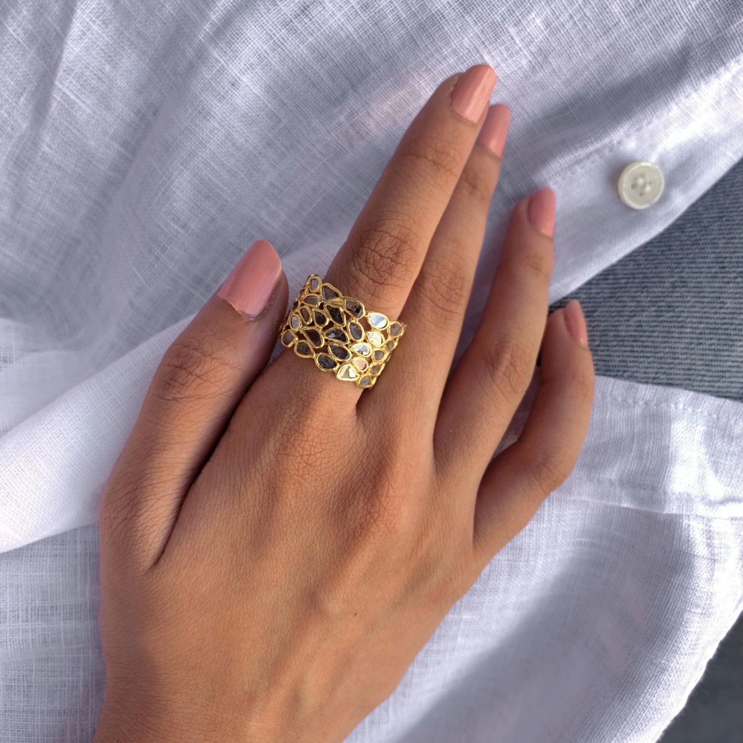 Gold Plated Wide Silver Ring Statement Design for Women