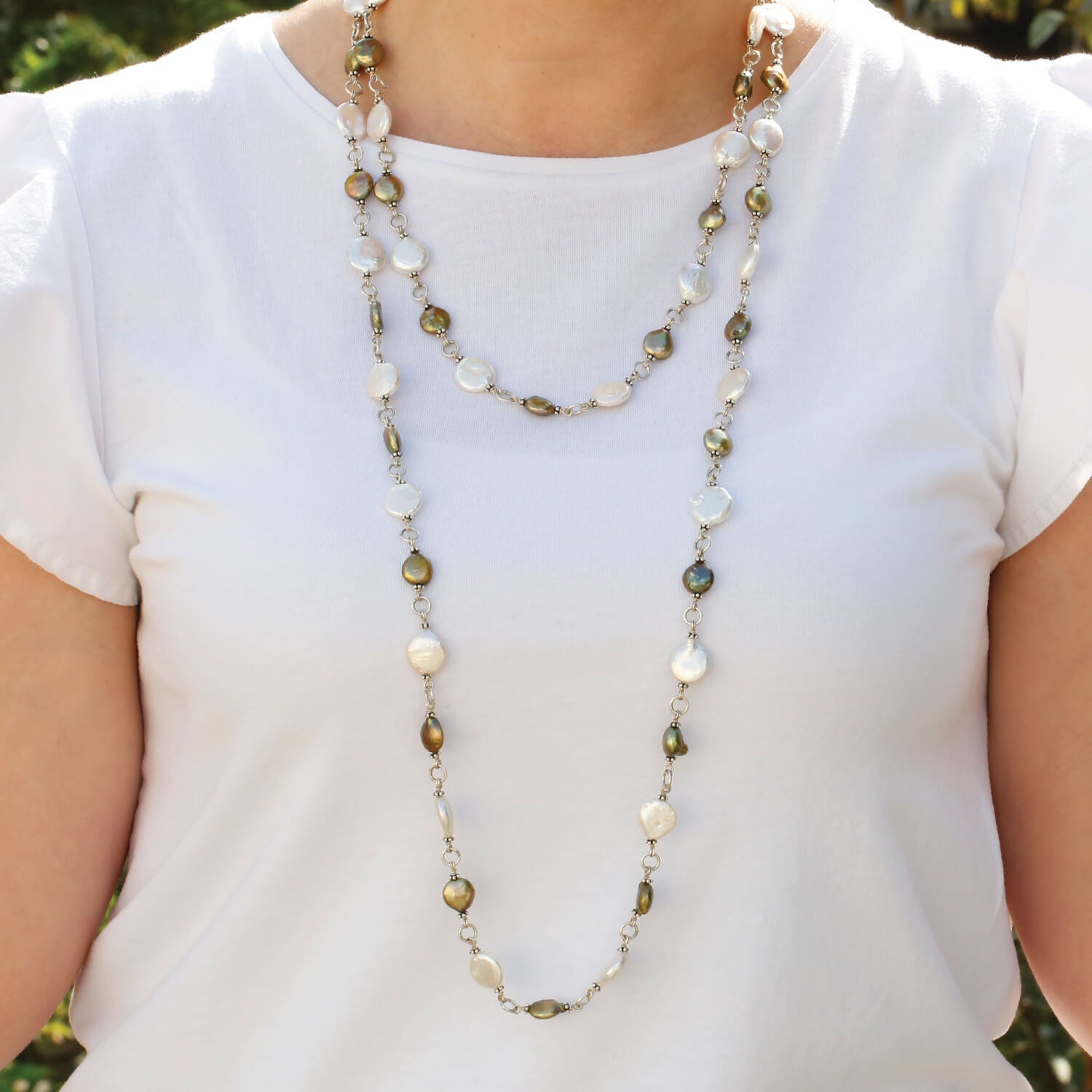 Green pearl silver necklace, White pearl 925 necklace, Silver pearl jewelry