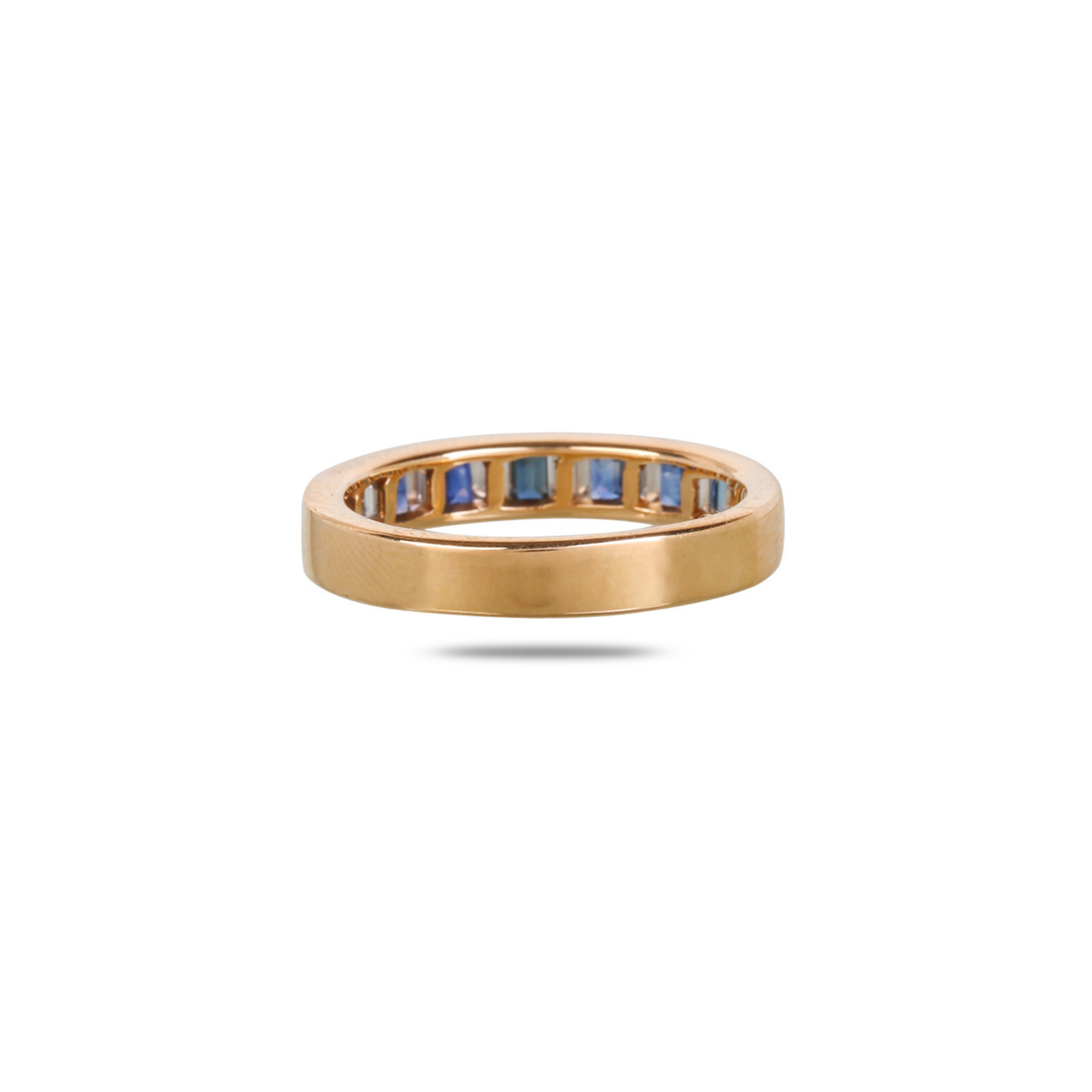 18K rose gold eternity ring side profile showing flat band width and depth, blue sapphire and diamond