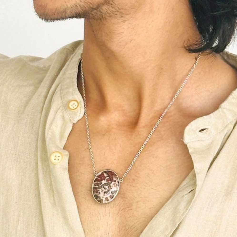 Jasper &amp; Turquoise Double Sided Silver 925 Men&#39;s Pendant Necklace