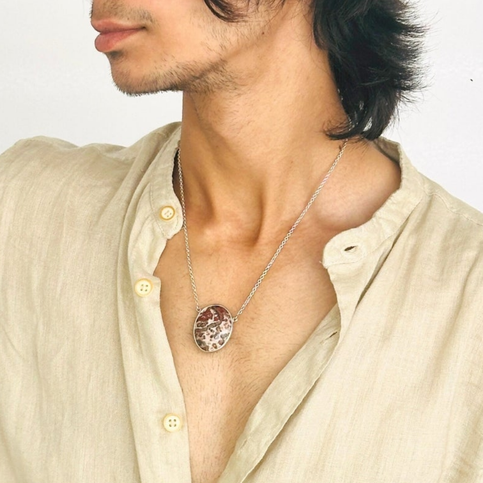 Jasper &amp; Turquoise Double Sided Silver 925 Men&#39;s Pendant Necklace