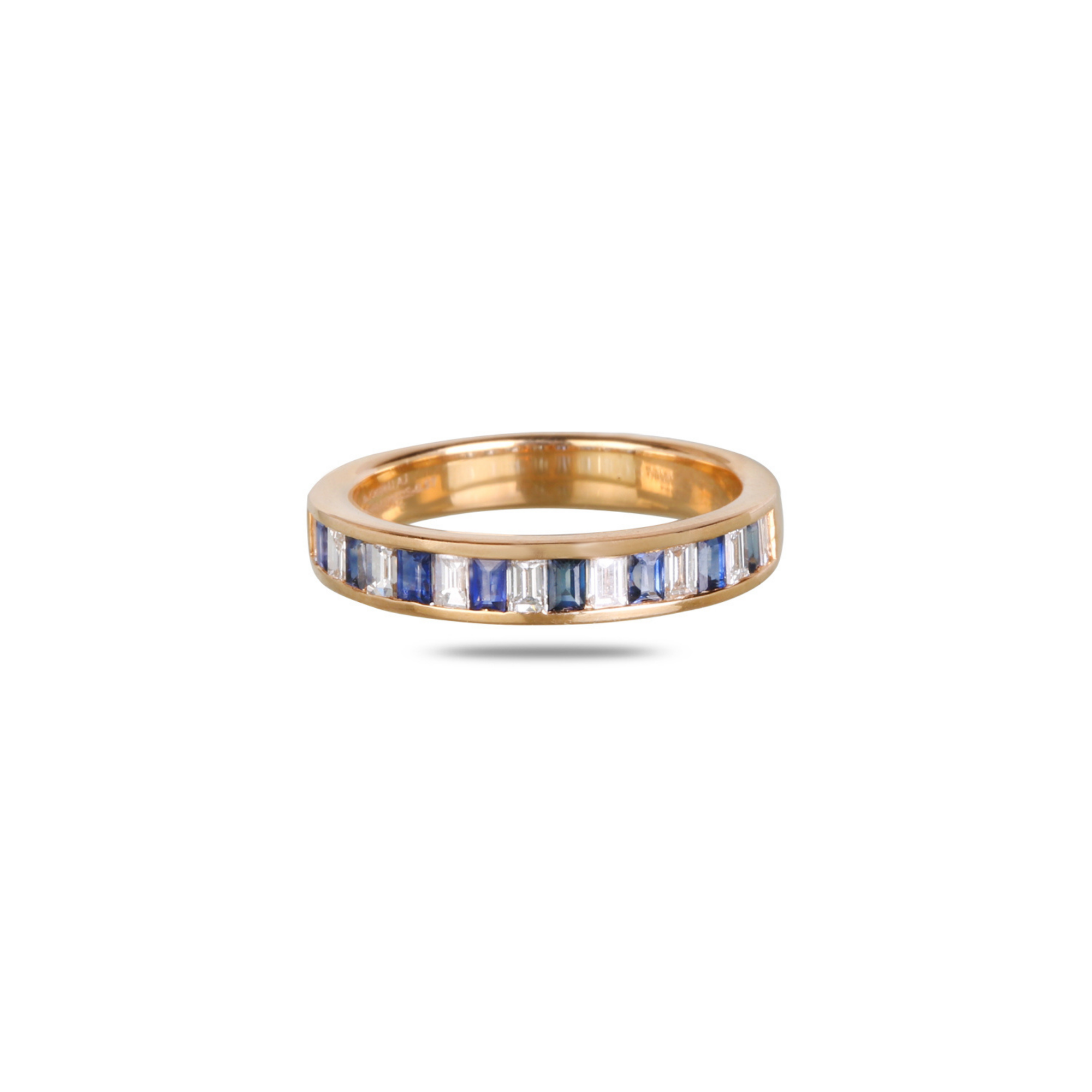 Rose gold full eternity band ring with alternating baguette-cut blue sapphires and emerald-cut white diamonds 