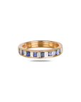 Rose gold full eternity band ring with alternating baguette-cut blue sapphires and emerald-cut white diamonds 