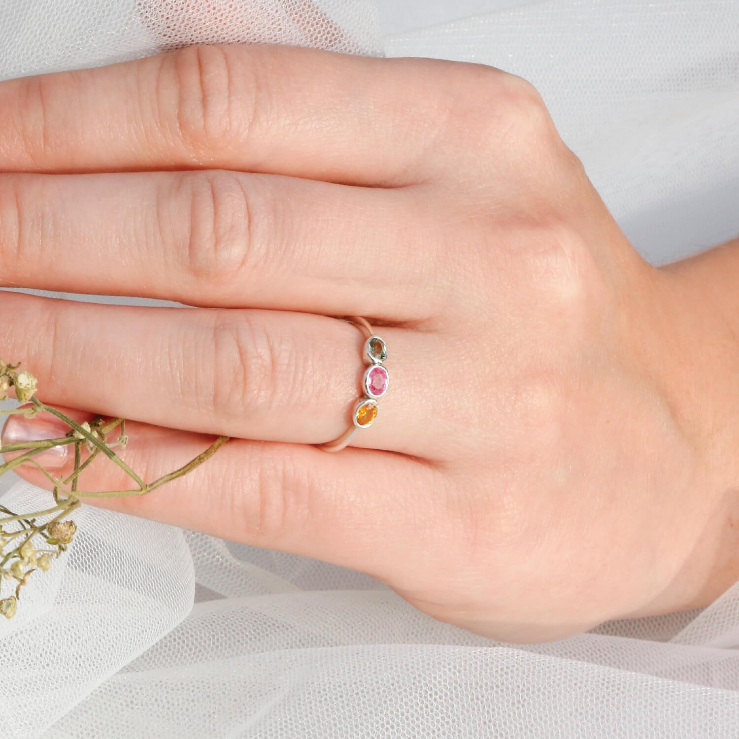 Multi stone tourmaline ring, Silver Ring, Three Stone Ring 